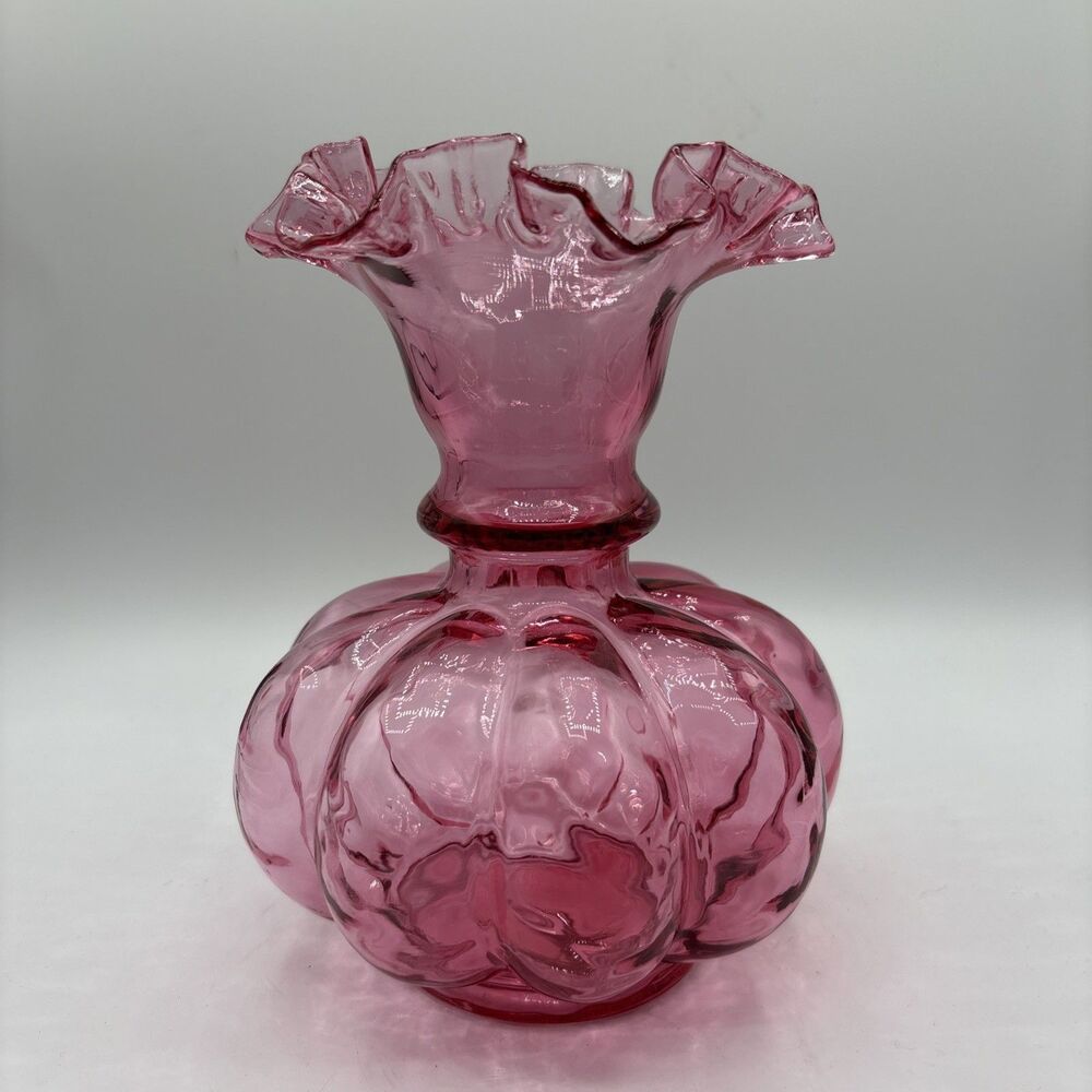 Vintage Fenton Glass Cranberry Ruffled Melon Vase Diamond Optic Ruffled Top 7.5"